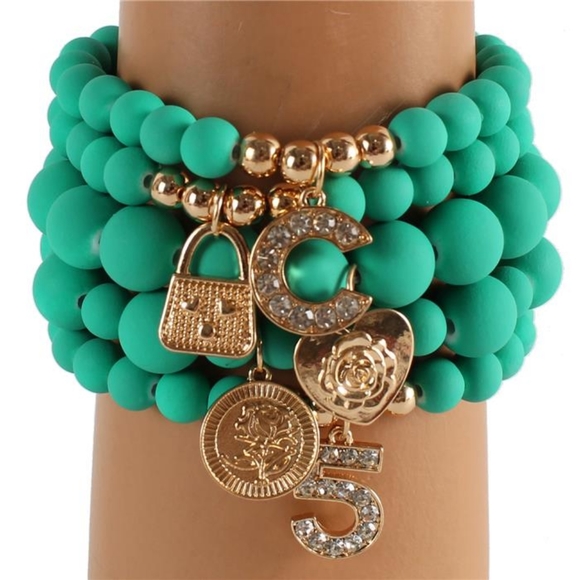 Green & Crystal Gold Lock Beaded Stretch Bracelet Cute Fashion Statement Jewelry - Picture 3 of 3